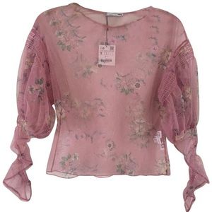 NWT Zara Floral Balloon Sleeve Tulle Top